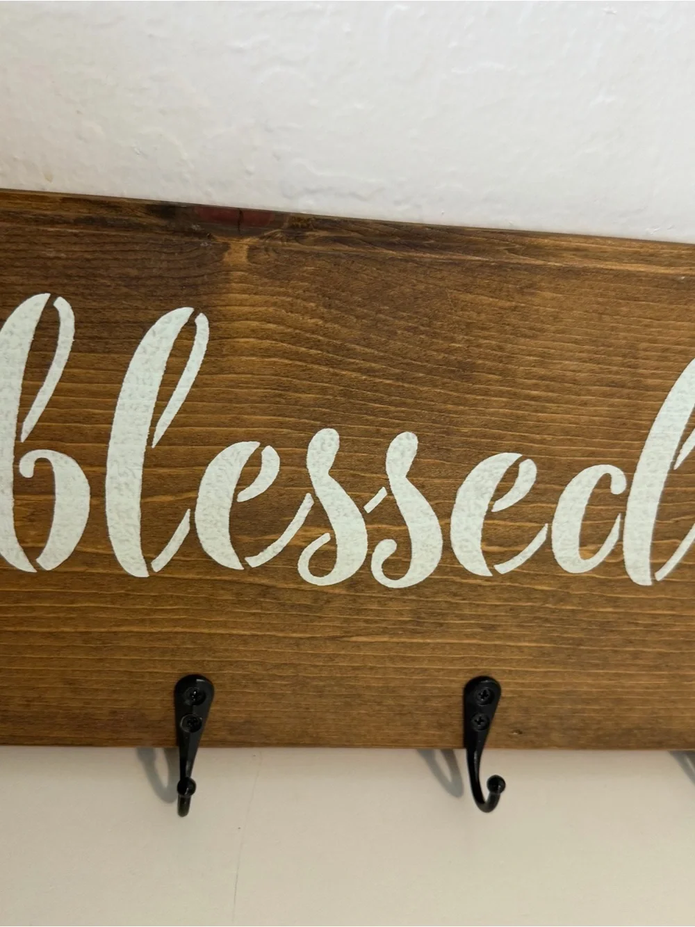 Rustic Blessed Wooden Wall Hook Rack - White Script on Brown